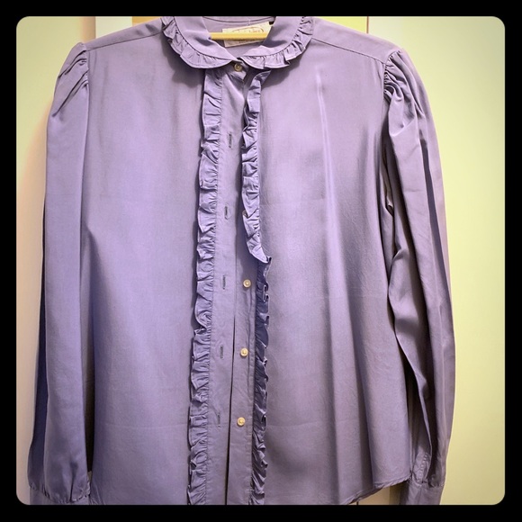 Custom silk button down with ruffle edges - Picture 1 of 5